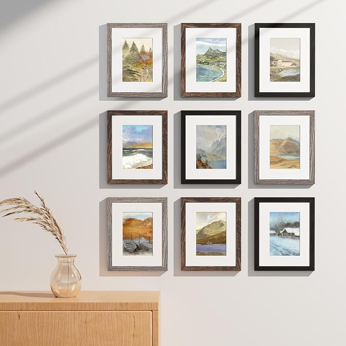 Vittanly 8x10 Picture Frames Set of 9, Black&Brown&Dark Grey | Display Pictures 5x7 with Mat or 8x10 without Mat, Small Photo Frames, Engineered Wood with Shatter Resistant Plexiglass