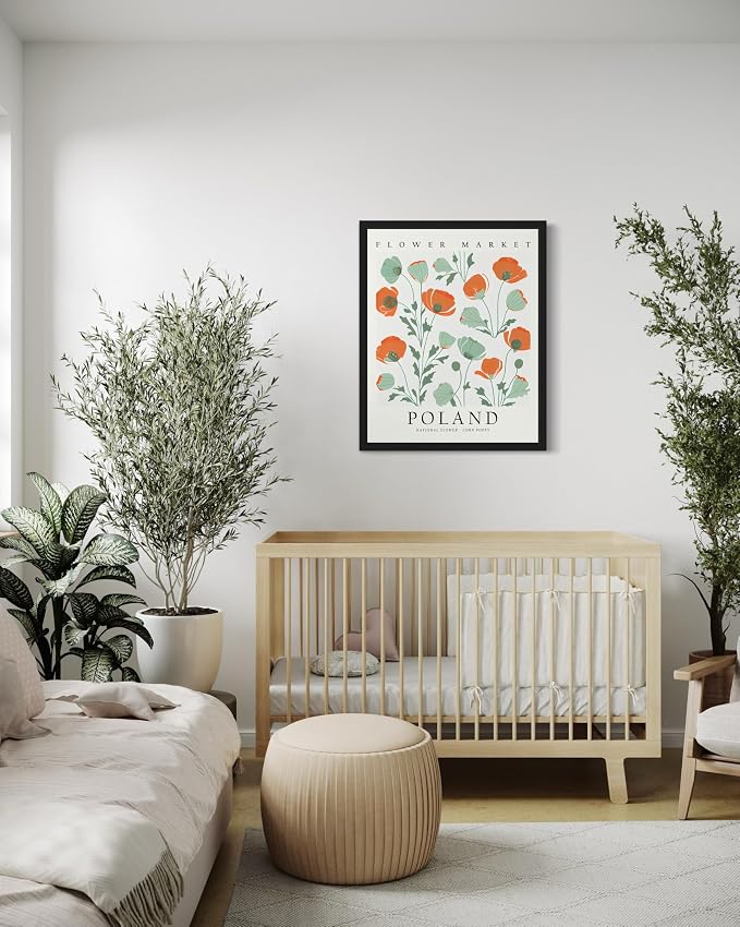 Poland, Corn Poppy Art Print Poster, Flower Market Wall Art, Floral Artwork Decor for Bedroom, Kitchen, Bathroom, Livingroom Decoration 52 (Poland, Corn Poppy, 24"L x 18"W, Black Frame)