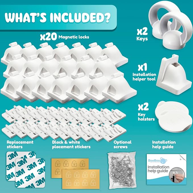 Booboo Baby Magnetic Child Safety Cupboard Locks for Children x20 Locks + x1 Key, Baby Proofing for Kitchen, Cabinets and Drawers, 30 Second Install No Drilling 3M Adhesive (20 Pack)