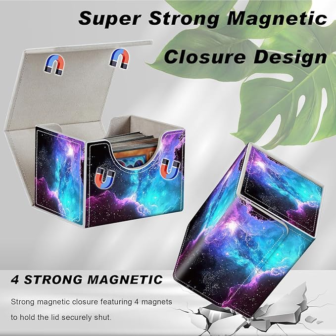 DEGDFSGR for TCG MTG Card Game Storage Box Organizer Trading Card Case Commander Deck Box Magnetic Closure Creative Pattern Up to 200 Cards, Purple Space Galaxy