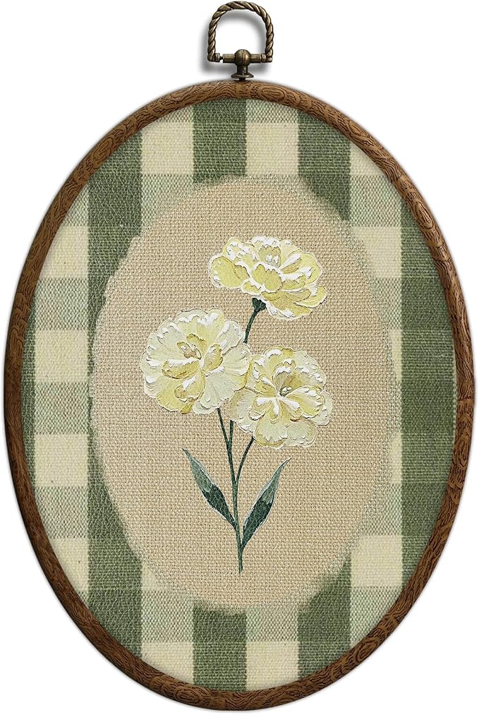 Flower Oval Wall Art, Green Gingham Oval Cottage wall Decor, Retro Botanical Grandma Cottage Core Home Decor for Western Farmhouse Bedroom Living Room, Home Retro Decor Products, 7x10 Inches, 15