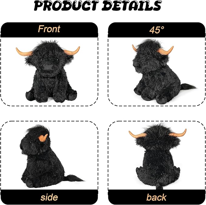 Highland Cow Weighted Stuffed Animals, 4 Lbs Black Highland Cow Plush 13.7 Inches, Surprise Weighted Stuffed Animals Gift for Kids Birthdays, Halloween, Christmas (Black)