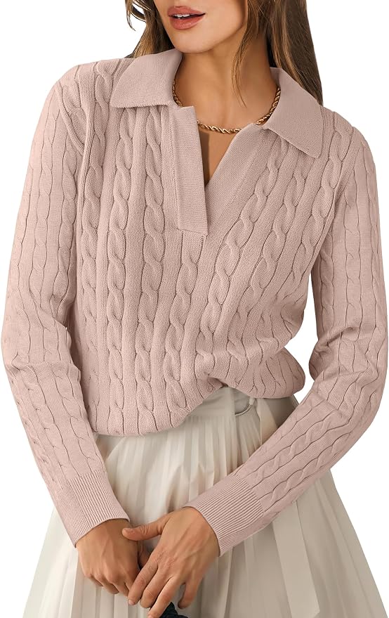 ANRABESS Womens Cable Knit Sweaters Long Sleeve V Neck | Pullover Collared Sweater Tops, Polo Knit Shirts, Business Casual Work, Tennis Golf, Fall Winter Fashion Outfits