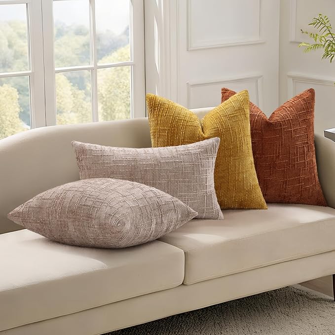 decorUhome Textured Chenille Throw Pillow Covers 24x24 Set of 2 Rust | Fall Modern Farmhouse Soft Cozy Slubby Couch Pillow Cases Boho Decorative Pillow Cases for Bed Sofa Living Room Home Decor