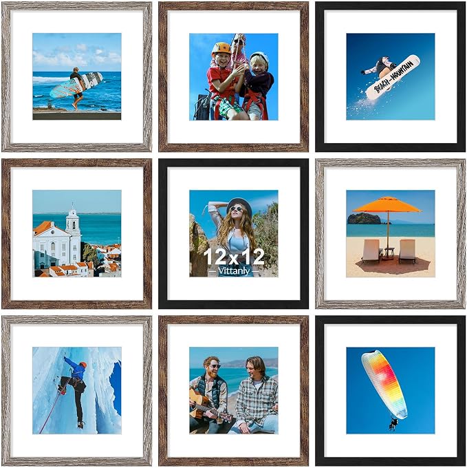 Vittanly 12x12 Picture Frames Set of 9, Black&Brown&Dark Grey | Display Pictures 8x8 with Mat or 12x12 without Mat for Wall Mounting, Square Photo Frames for Home Decor, Engineered Wood