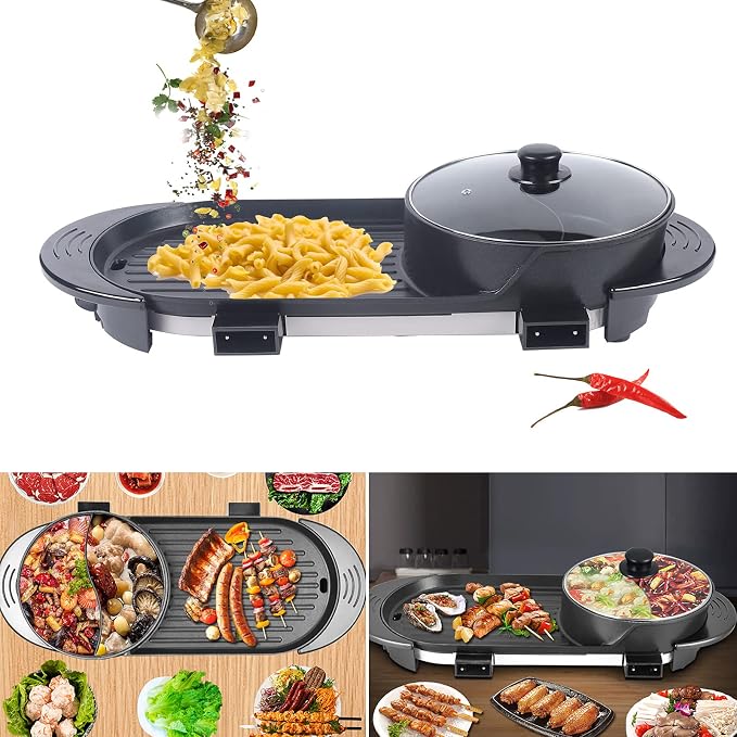 2 In 1 Hot Pot Barbecue Grill, Korean Hot Pot BBQ Grill with 2 Controller & Lid, Non Stick Barbecue Hot Pot for Indoor & Outdoor, 110V 2200W Electric Hotpot with Multistage Temp Adjustable