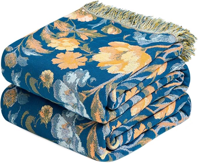 LUTBM Boho Throw Blanket for Couch 50"x60", Cotton Decorative Bed Throws | Blue Reversible Floral Birds Jacquard, All-Season Lightweight Soft Blankets, For Chair Sofa Bedroom Living Room, Home Decor