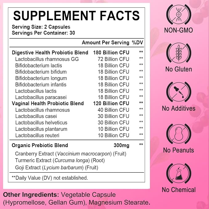 Vaginal Probiotics for Women, 300 Billion CFUs Probiotics for Women, 15-in-1 Womens Probiotic & Prebiotics, for Vaginal, Urinary Tract, PH Balance, Immune, Digestive & Gut, Bloating Health, 60 Caps