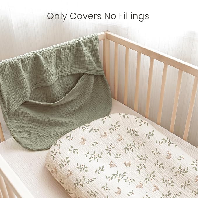Konssy Muslin Baby Lounger Cover 2 Pack, 100% Cotton Newborn Lounger Cover, Soft and Breathable Baby Nest Slipcover for Boys Girls (Rabbit,Fog Green)