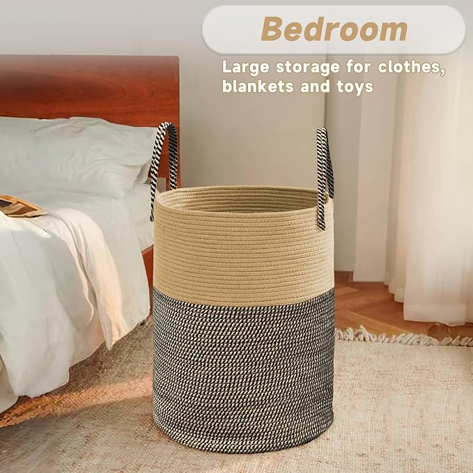 JMvicyroam 80L Cotton Rope Laundry Basket Hamper, Brown and Black | Collapsible laundry basket, reinforced handles, freestanding, machine washable, holds 3-5 thick blankets, clothes or toys