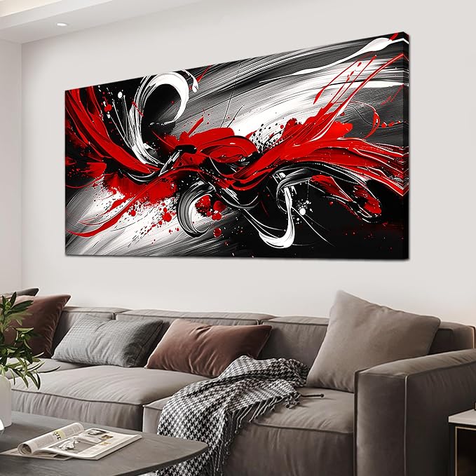 Black and White Red Large Canvas Wall Art for Living Room Framed Print Picture Painting Bedroom Office Wall Decor Modern Room Abstract Wall Decorations Artwork Size 24x48 Ready to Hang