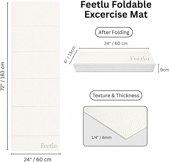Foldable Yoga Exercise Mat, 6mm/8mm/10mm/12mm Thickness, 72 x 24 Inch - Lightweight, Anti-Slip, and Easy to Store for Yoga, Pilates, Home Workouts, and Floor Exercises
