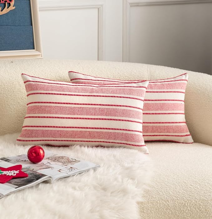 Cethom Christmas Pillow Covers, Boho Textured Red Pillow Case, Pillow Covers 12 x 20 Inch Set of 2 Christmas Decorative, Chair Sofa Bedroom Living Room Home Holiday Decor Cushion Case