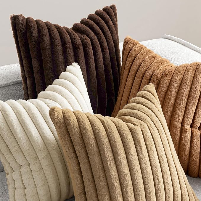 MIULEE Faux Fur Plush Decorative Throw Pillow Covers 20x20, Brown | Set of 4, Fall, Striped, Soft Boho Farmhouse Rustic Cozy Home Decor, Cushion Cases for Sofa Couch Bed Living Room