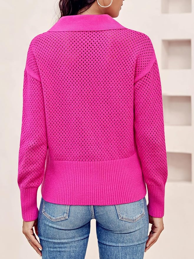 Doshoop Womens Summer Crochet Sweaters Long Sleeve Hollow Out Knit Half Zip Lapel Collar Pullover Tops