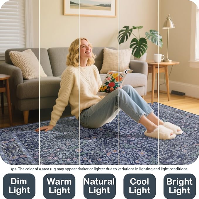 6x9 Washable Area Rugs for Living Room, Stain Resistant Vintage Rugs for Dining Room Under Kitchen Table, Bedroom, Floral Low Pile Non-Slip Large Carpet (6 x 9 Blue)