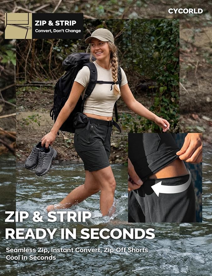 Cycorld Women's-Hiking-Pants-Convertible Quick-Dry-Stretch-Lightweight Zip-Off Outdoor Pants with 5 Deep Pockets