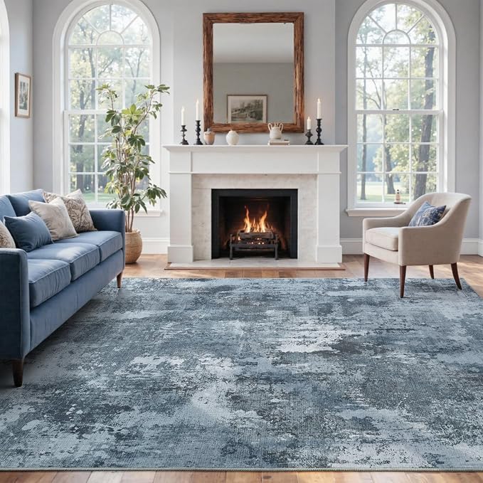 9x12 Ft Extra Large Washable Area Rugs for Living Room, Soft Non-Slip Modern Abstract Print Pattern Carpet for Bedroom Indoor Floor Nursery Home Decor (Blue Grey)