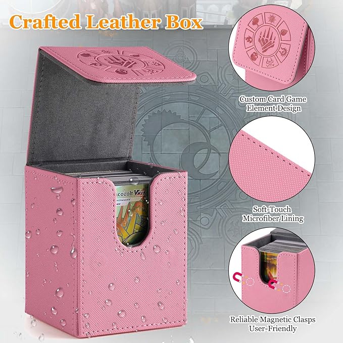 Arkeiliy Card Deck Box, 110+ Storage MTG Deck Box with 50 Pcs Card Sleeve, Collectible Trading Card Cases for Magic Commander and More (Pink)