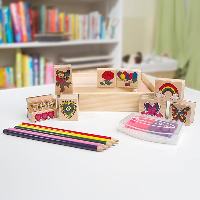 Melissa & Doug Friendship Wooden Stamp Set with 9 Stamps and 2-Color Inkpad - Kids Crafts and Art Supplies for Kids, Arts & Crafts for Ages 4+ - FSC Certified