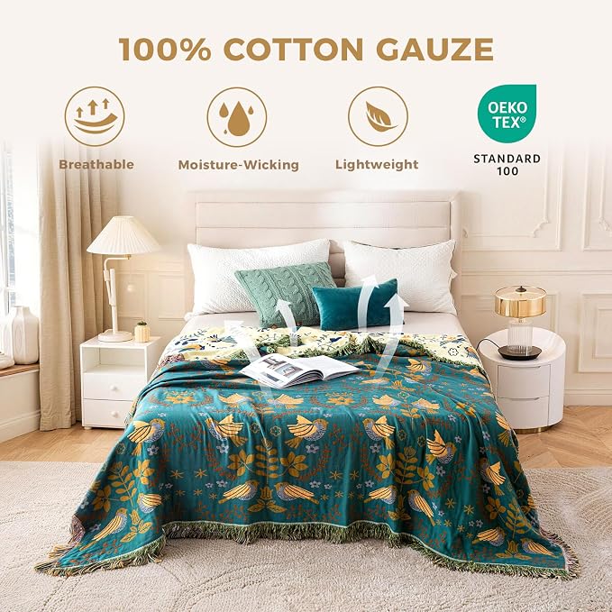 LUTBM King Throw Blanket for Bed, 100% Cotton Boho Soft Summer Blankets | 90"x108" Reversible Floral Bird Quilt, All-Season Bedspread, For Chair Sofa Couch Bedroom Decor, Breathable 4-Layer Gauze