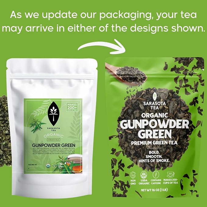 Organic Gunpowder Green Tea Loose Leaf, 1 lb Bulk Bag, USDA Organic Chinese Green Tea, Bold Earthy Flavor, Non-GMO