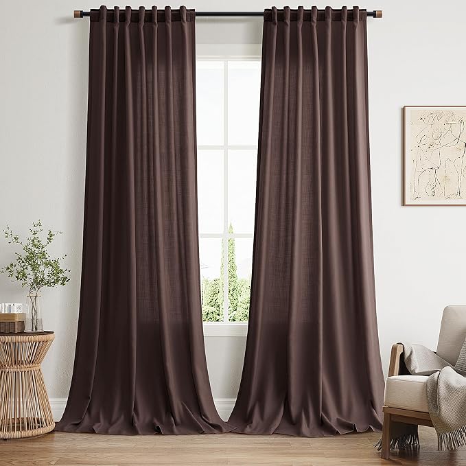 Extra Long Curtains 102 Inches Long for Bedroom Living Room Coffee Brown Back Tab Rod Pocket Light Filtering Semi Sheer Drapes Cotton Linen Textured 102 Inch Length for Dinning Room,2 Panels