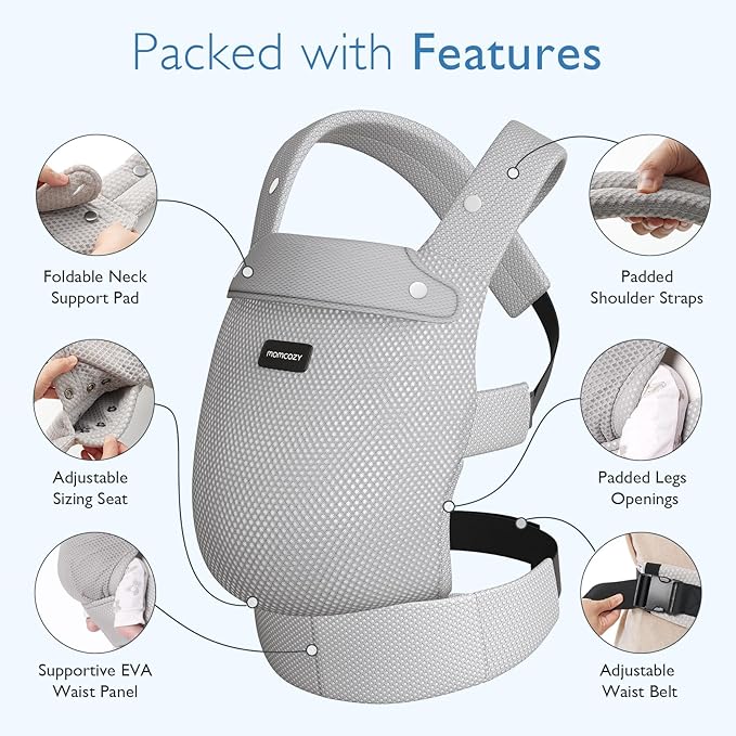 Momcozy Baby Carrier - Ergonomic, Cozy and Lightweight Carrier for 7-45lbs, Effortless to Put On, Ideal for Hands-Free Parenting, Enhanced Lumbar Support, Purehug for Infant to Toddler, Air Mesh-Grey