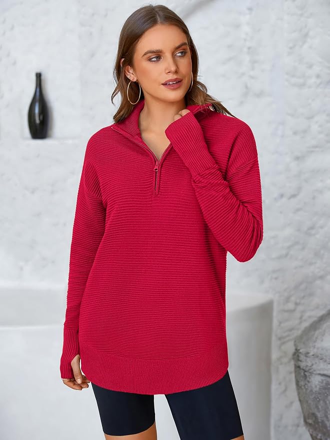PRETTYGARDEN Womens Long Sleeve Quarter Zip Pullover Sweater Casual Loose V Neck Collared Ribbed Knit Jumper Tops Thumb Hole