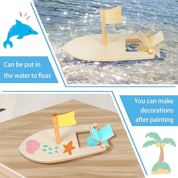 Amersumer 10 Pcs DIY Toy Wood Boat Craft Kits, Mini Wooden Sailboat Kits, Paddle Boats Paint and Decorate for School Projects, Make Your Own Sailboat Craft