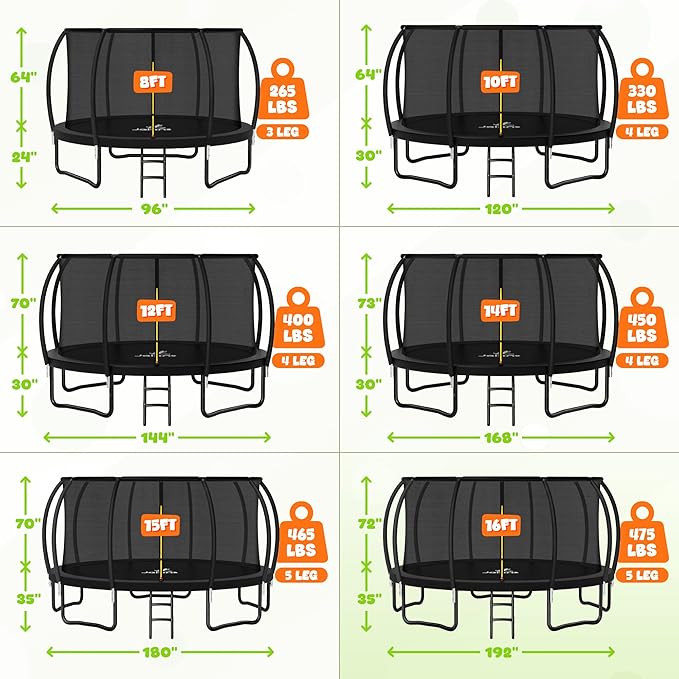 JELENS Trampoline 8FT 10FT 12FT 14FT 15FT 16FT, Recreational Trampolines with Enclosure Net, Outdoor Anti-Rust Trampolines for Kids and Adults, ASTM Approved