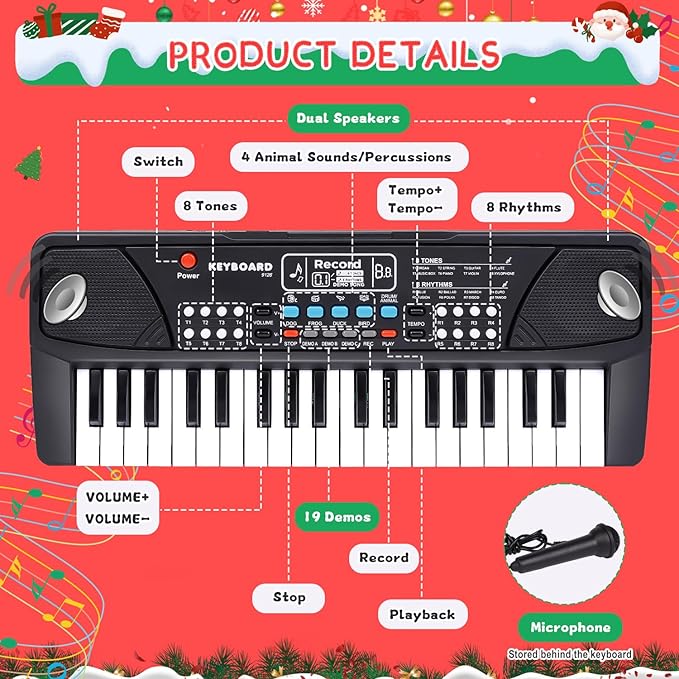 M SANMERSEN Upgraded Kids Piano Keyboard 37 Keys with Microphone, Music Toys Birthday Gifts for 3 4 5 6 Year Old Boys Girls, Black