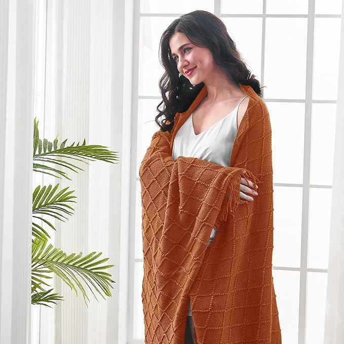 inhand Orange Rust Knitted Throw Blanket for Couch and Bed, 60"x80" | Soft Cozy Knit Blanket with Tassel, Lightweight Decorative Blankets and Throws, Farmhouse Warm Woven for Men and Women