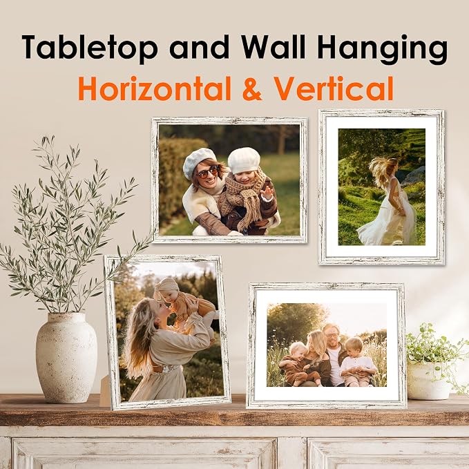 FIXSMITH 8x10 Picture Frame 2 Pack, Distressed White Photo Frame with HD Plexiglass, Display Pictures 5x7 with Mat or 8x10 Without Mat, Distressed White Multi Picture Frames Collage for Tabletop or Wall Display