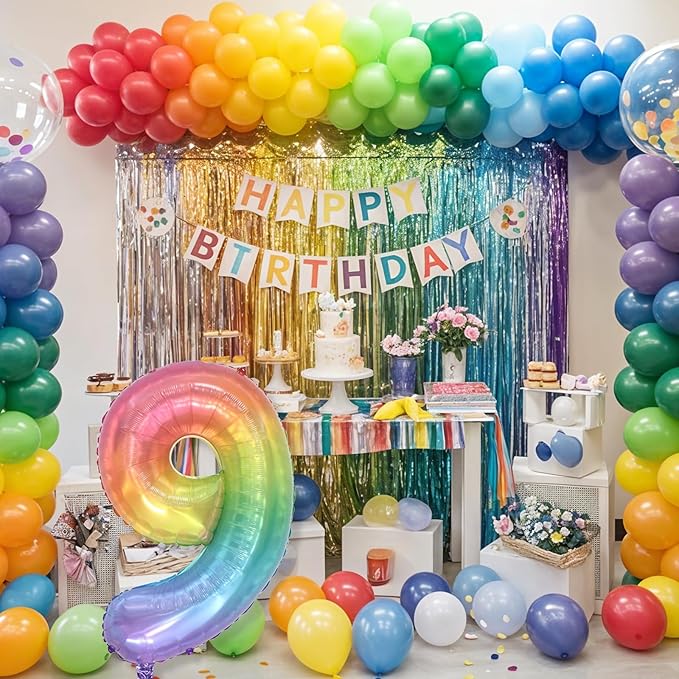 Big Number 9 Balloons, Rainbow Colorful Foil 9 Balloon Numbers 40 Inch, Giant 9th Birthday Party Decor, Pastel Multicolor Mylar Helium Self Inflating Balloon for Kids Birthday Anniversary Decorations
