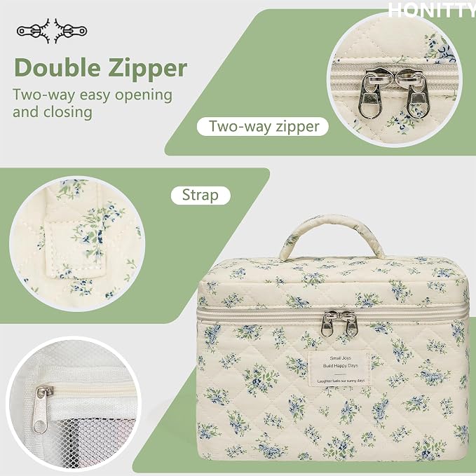 honitty Makeup Bag,Quilted Cosmetic Bags,Large Floral Make Up Organize bag,Makeup Bag Set for Women,Flower Travel Toiletry Bag
