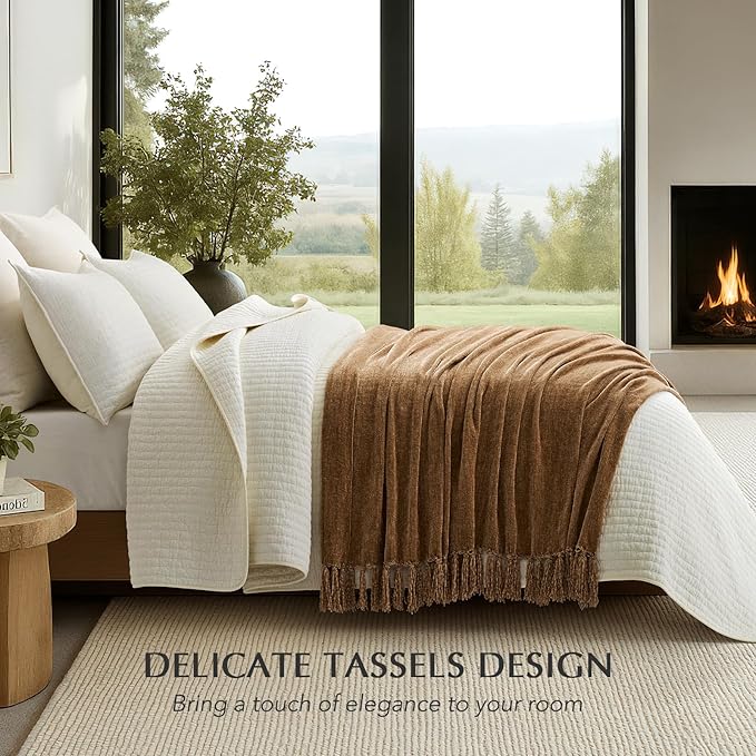 Chenille Knit Throw Blanket for Couch, 60"x80", Warm Beige | Cozy Plush Fuzzy Knittd Throw with Tassels, Lightweight, Decorative, Farmhouse Decor, Ideal for Bed Sofa Gift, All Seasons