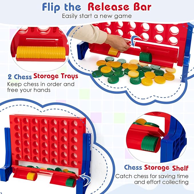 COSTWAY Giant 4 in a Row Game with Storage Carry Bag, Jumbo 4-to-Score Game w Chess, Quick Release Slider for Kids Adults, Indoor Outdoor Backyard Connect Game Set (Blue&Red)