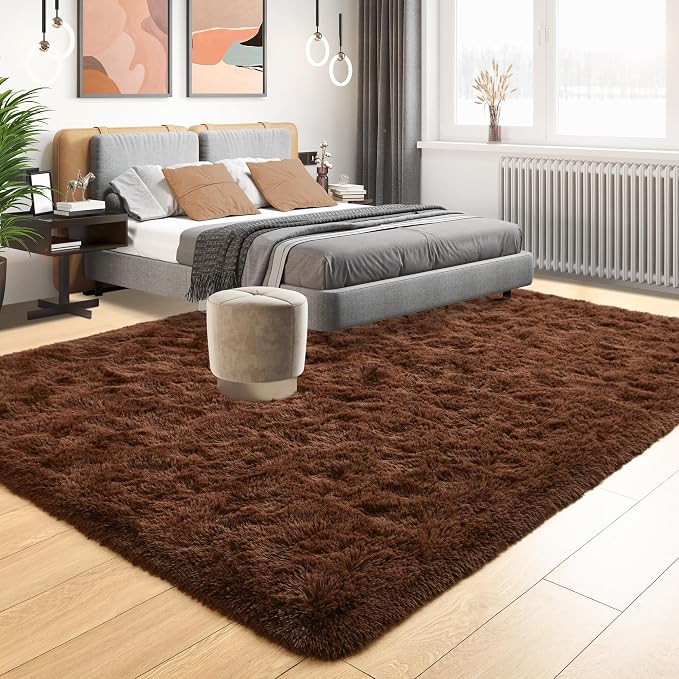 Tepook 4x6 Brown Area Rugs for Living Room Bedroom, Soft Fluffy Plush Shaggy Girls Boys Kids Room Rug, Shag Upgrade Non-Slip Throw Carpet for Dorms Nursery Classroom Home Decor