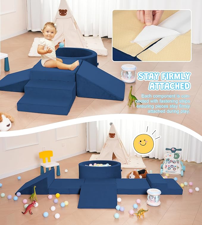 Elftopia Foam Climbing Blocks with Ball Pit & Stairs for Toddlers Aged 1-3 -Soft Playset for Indoor Crawling, Foam Playground Set for Baby to Active Playing Inside -(Balls NOT Included),Navy