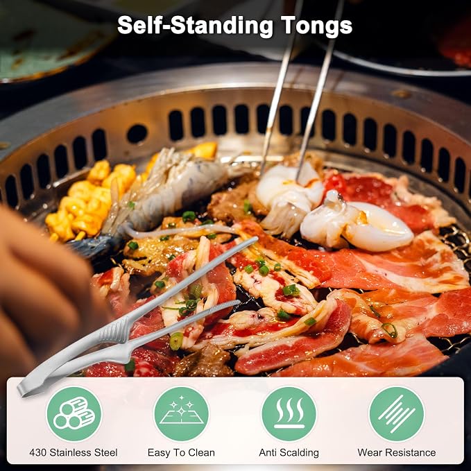 M METERXITY 5 Pcs Korean and Japanese BBQ Tongs 11.2 Inch Barbecue Tongs 430 Stainless Steel Kitchen Self-Standing Grill Non-Slip for Grill/Salad/Camping/Cooking [Silver]
