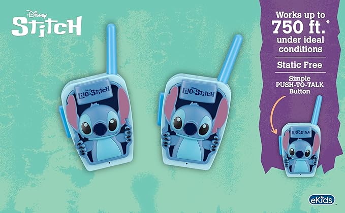 eKids Stitch Walkie Talkies for Kids, Static Free Extended Range Indoor and Outdoor Toys Designed for Fans of Stitch Toys