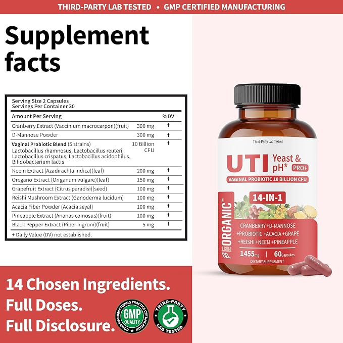 UTI Yeast & pH Pro+ | Pack of 2 | Daily Feminine Hydration & Balance Support with Cranberry, D-Manose, Aloe, Hibiscus | Third-Party Lab Tested | 60+60 Caps