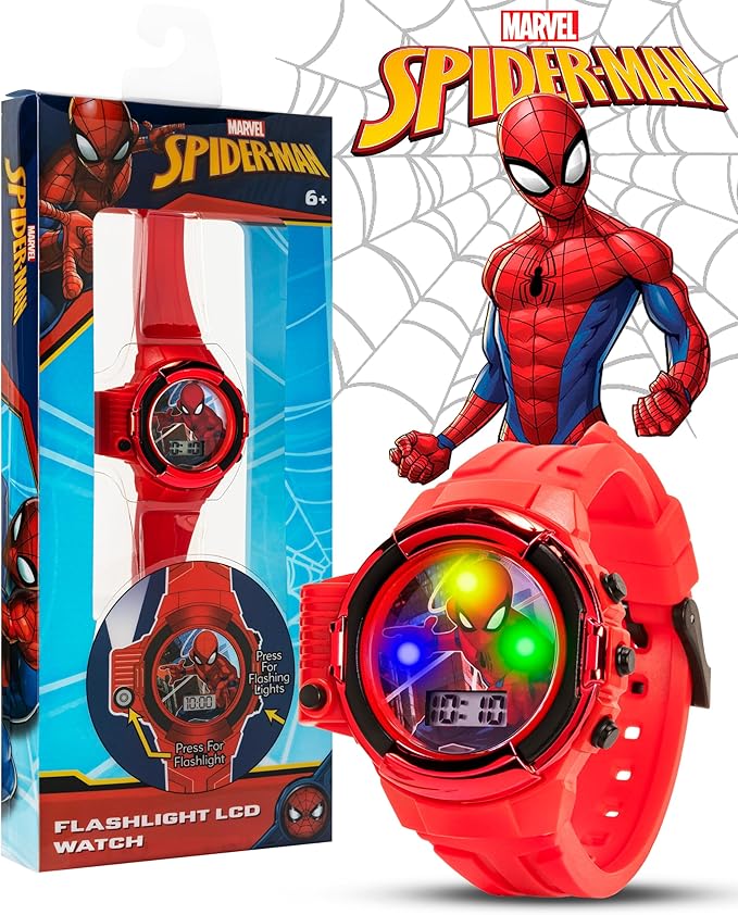 Marvel Spider-Man Flashlight Watch for Kids – Light-Up Fun with LCD Display, LED Flashlight, and Durable Silicone Band