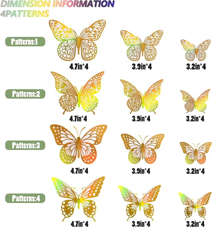 SAOROPEB 3D Butterfly Wall Decor 48 Pcs Laser Gold Butterfly Decorations | 4 Styles 3 Sizes, Birthday Decorations Butterfly Party Decorations&Butterfly Cake Decorations-Removable Gold Butterfly