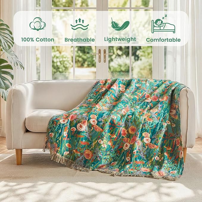 MSGKV Boho Throw Blanket 50"x60" 100% Cotton Floral Blanket for Couch Bed | Super Soft Muslin, Everyday Comfort, Lightweight, Farmhouse Decor, Breathable, All Seasons, Machine Washable, Cozy Comfort