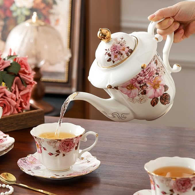 TATSUMI Country Roses Porcelain Tea Set, European Ceramic tea set for adults,Vintage Style, For Women and Tea Parties (Chocolate Red, 21 Pieces Set)