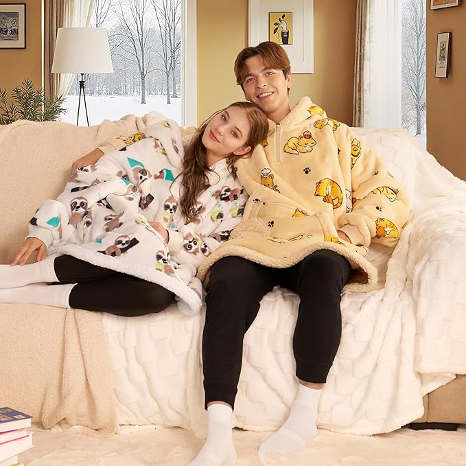 Giggling Getup Wearable Blanket Hoodie for Adults Gifts for Teen Girls Sister Women Sherpa Fleece Printed Hooded Blanket Sweatshirt Warm Cozy with Pocket & Sleeves Cream Sloth