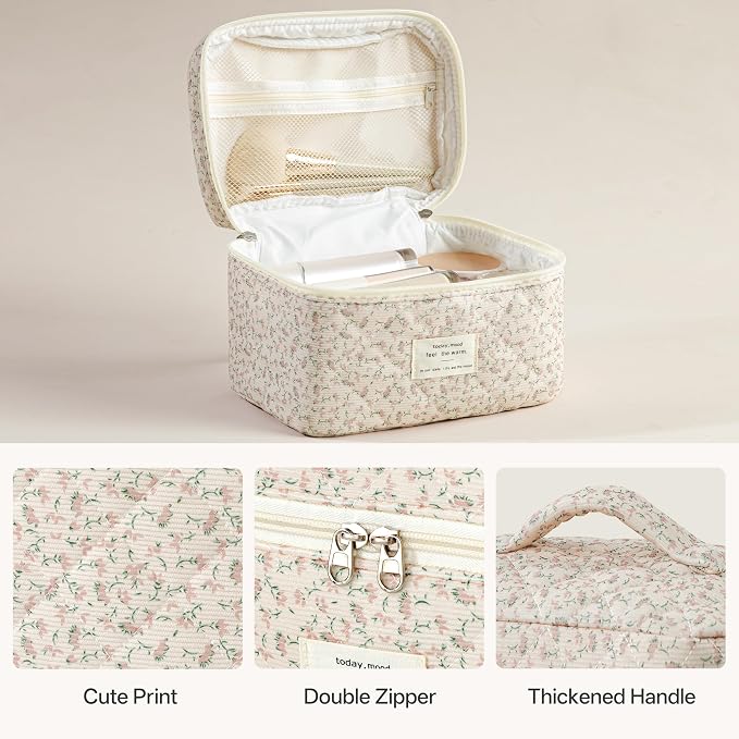 HBselect Quilted Makeup Bag, 3PCS Cotton Large Travel Makeup Bag, Cute Floral Coquette Make up Bag Cosmetic Bag Toiletry Bag for Women Girls