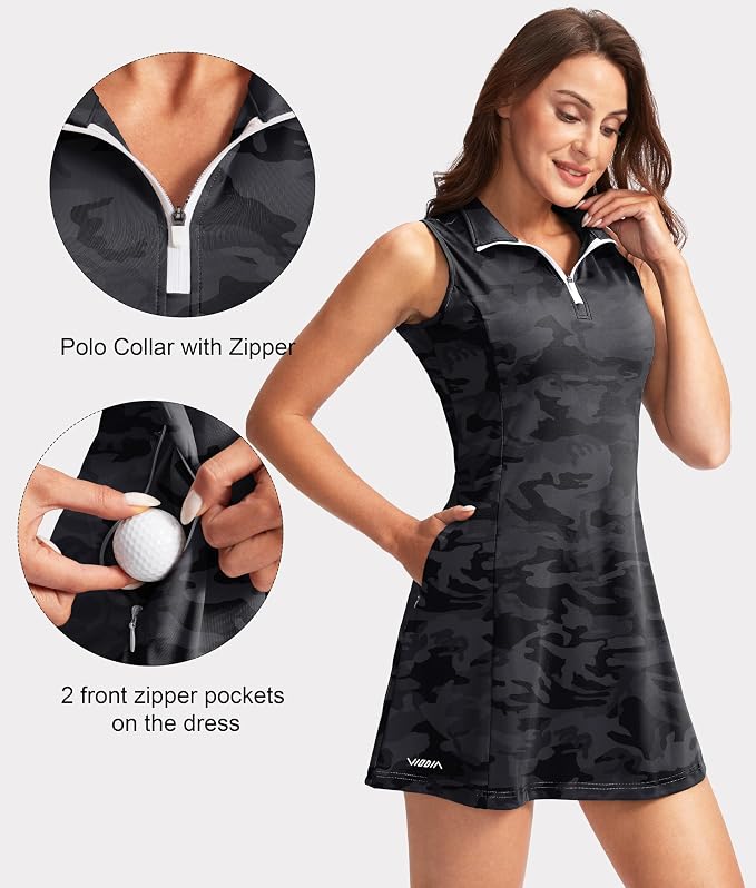 Viodia Women's Tennis Golf Dress with Shorts | Active, Exercise, Workout, Sports, Athletic, Dresses for Women, with Zipper Pockets